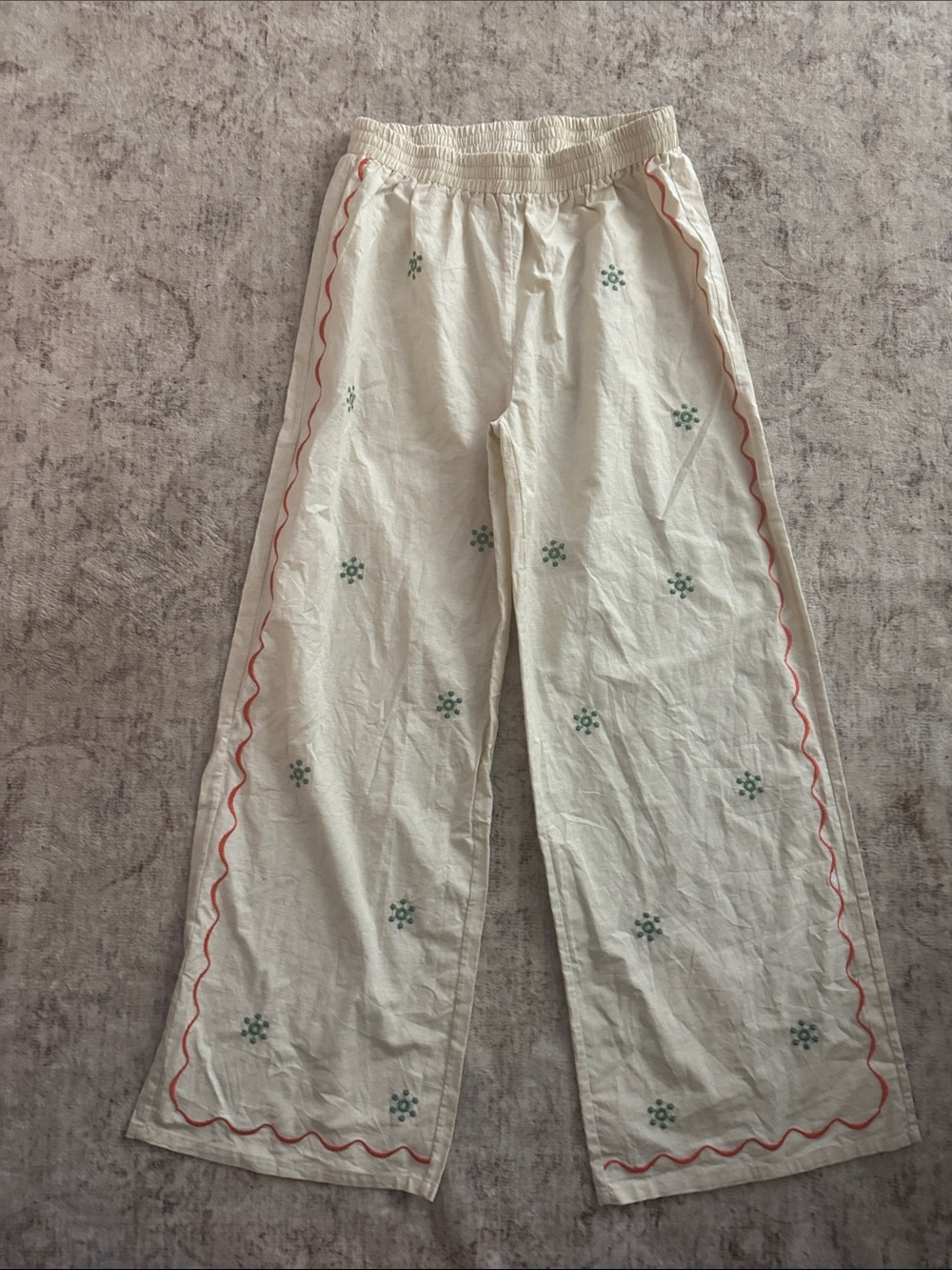 Boutique Set Annabelle by Mabel NWT Embroidered Wide-Leg Cream Linen Pants - Picture 4 of 6